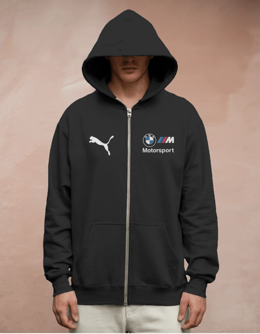 Black Zip-Up Hoodie with BMW & Puma-Inspired Logos