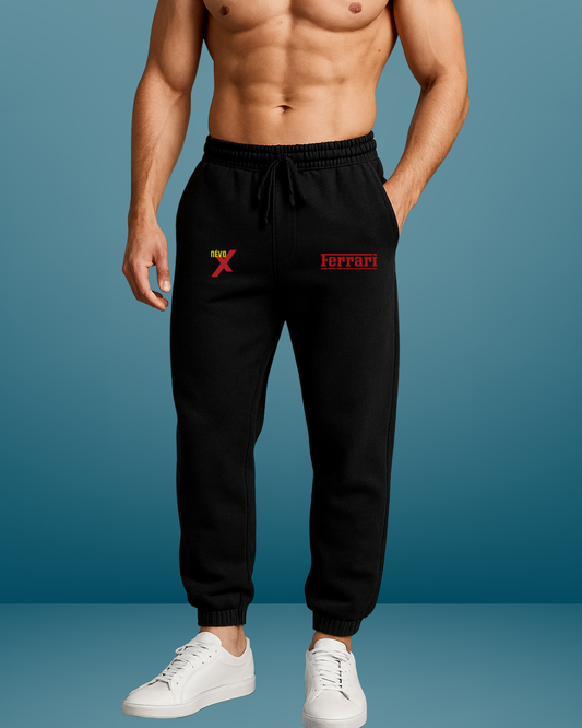 Comfort-Fit Black Joggers with Embroidered Ferrari x Névo X Design